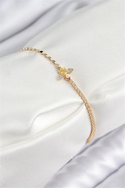 Pirinç Zirkon Taşlı Arı Model Ezme Zincir Gold Renk Kadın Bileklik