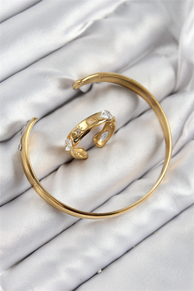 Pirinç Zirkon Taşlı Ayrık Model Gold Renk Bileklik Yüzük Set