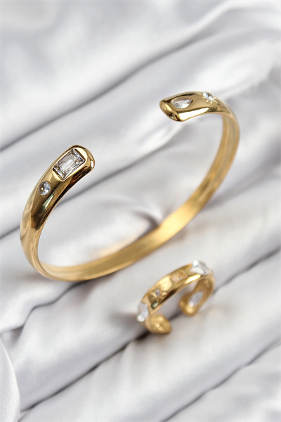 Pirinç Zirkon Taşlı Ayrık Model Gold Renk Bileklik Yüzük Set