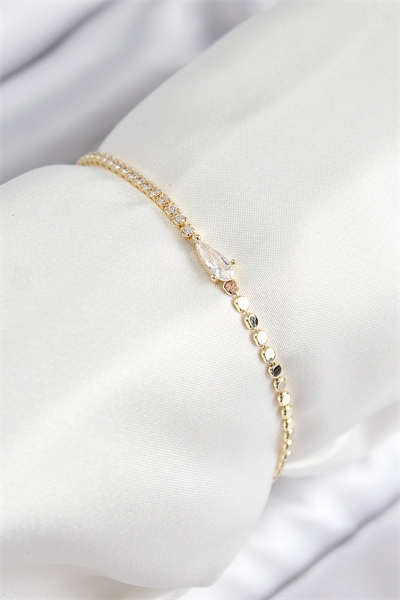 Pirinç Zirkon Taşlı Damla Model Ezme Zincir Gold Renk Kadın Bileklik
