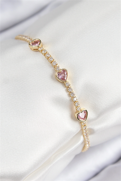 Pirinç Zirkon Taşlı Pembe Kalp Model Gold Renk Kadın Bileklik