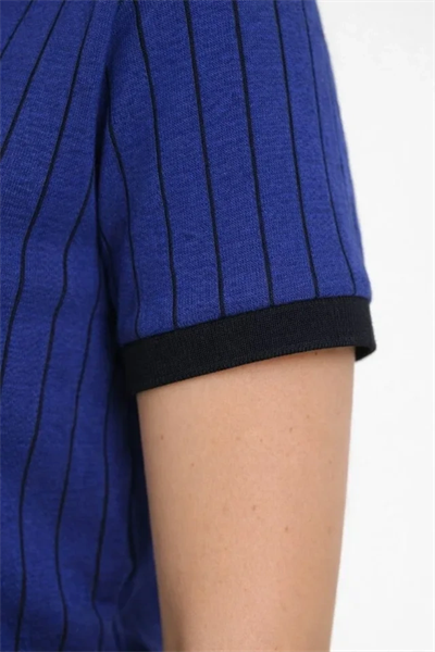 Polo Yaka Çizgili Tişört Kısa Kol Düğmeli Yazlık T-Shirt - Saks Mavisi