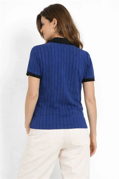 Polo Yaka Çizgili Tişört Kısa Kol Düğmeli Yazlık T-Shirt - Saks Mavisi