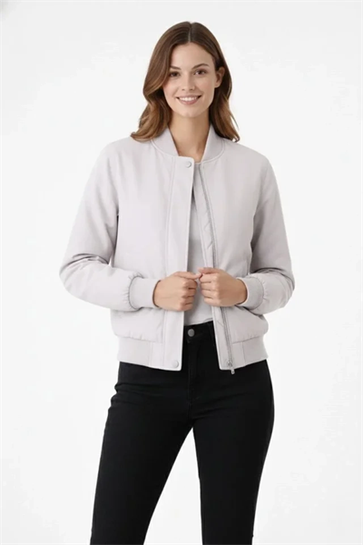 Premium Bomber Ceket Çıtçıt Kapamalı, Ribana Manşetli, Astarlı, Regular Fit Mont - Beyaz