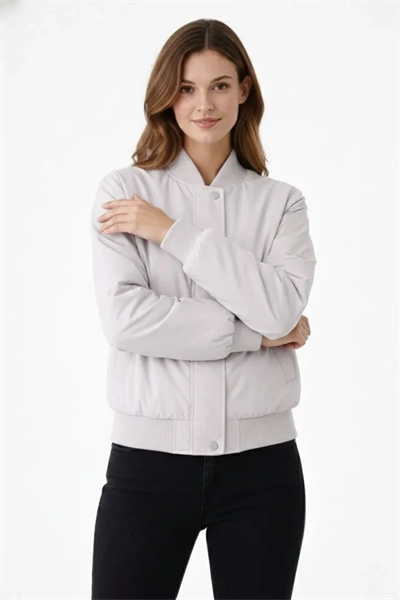 Premium Bomber Ceket Çıtçıt Kapamalı, Ribana Manşetli, Astarlı, Regular Fit Mont - Beyaz