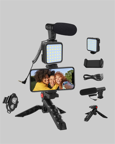 Profesyonel Vlog Çekim Kiti LED Işıklı Tripod Mikrofonlu Telefon Seti