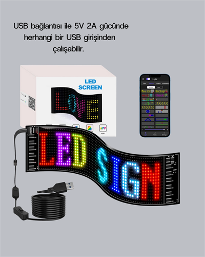 RGB LED Panel – Mobil Uyumlu, Yazı ve GIF Destekli, USB Bağlantılı Dekoratif Ekran