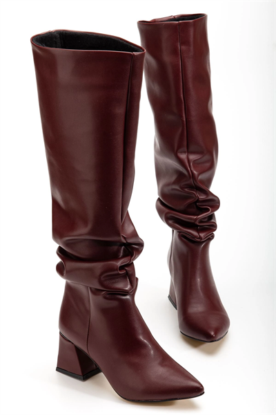 SYT-2002 Bordo Cilt  Körüklü Kalın Topuklu Günlük Bayan Çizme