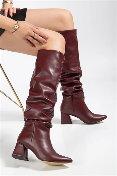 SYT-2002 Bordo Cilt  Körüklü Kalın Topuklu Günlük Bayan Çizme