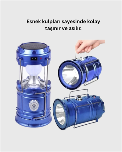 Şarj Edilebilir Güneş Enerjili Kızaklı Kamp Feneri – USB Çıkışlı, Katlanabilir, Dayanıklı ve Çok Fonksiyonlu
