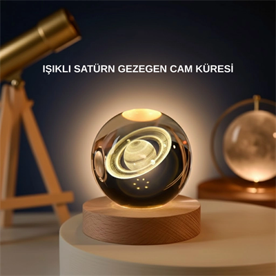 Satürn Gezegenli Kristal Küre LED Lamba USB’li Ahşap Standlı