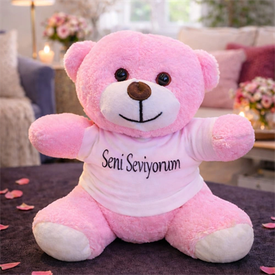 Seni Seviyorum Tişörtlü Pembe Peluş Ayıcık