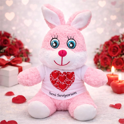 Seni Seviyorum Tişörtlü Pembe Peluş Tavşan