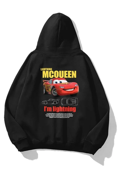 Sevgililer Günü Özel Kapüşonlu Araba Baskılı Oversize Sweatshirt - Siyah