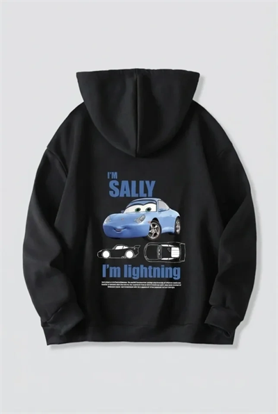 Sevgililer Günü Özel Kapüşonlu Araba Baskılı Oversize Sweatshirt - Siyah