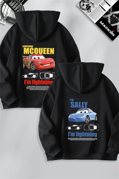 Sevgililer Günü Özel Kapüşonlu Araba Baskılı Oversize Sweatshirt - Siyah