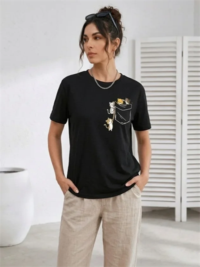 Sevimli Kedi Cep Baskılı Tişört Kısa Kol Yazlık T-Shirt - Siyah