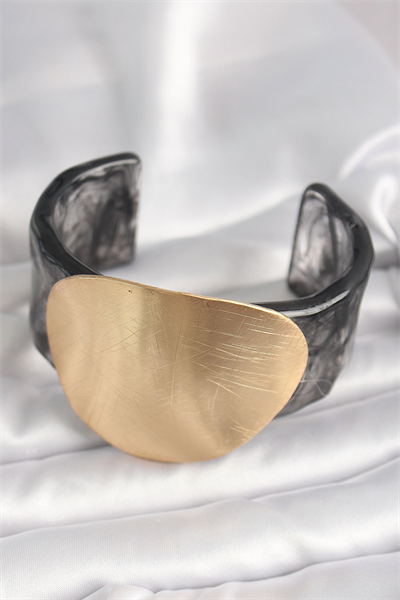 Siyah Mermer Desen Akrilik Plastik Gold Daire Plaka Model Vintage Kadın Bilezik