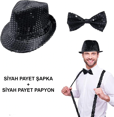 Siyah Payetli Şapka ve Papyon Seti – Parıltılı Yetişkin Kostüm Seti
