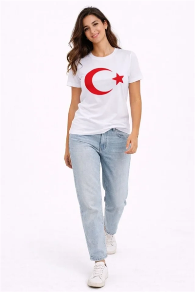 T-Shirt Kısa Kol Bisiklet Yaka Ay Yıldız Bayrak Baskılı Tişört - Beyaz