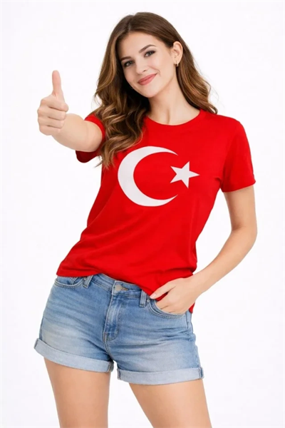 T-Shirt Kısa Kol Bisiklet Yaka Ay Yıldız Bayrak Baskılı Tişört - Kırmızı