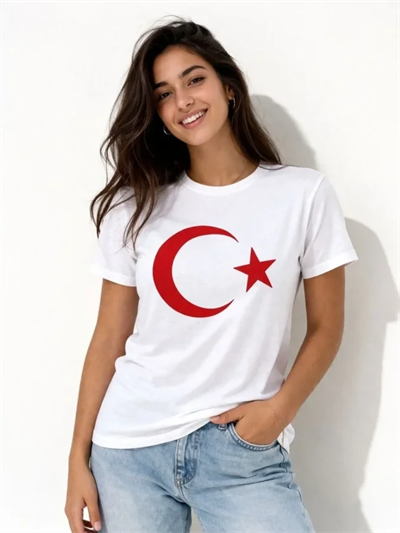 T-Shirt Kısa Kol Bisiklet Yaka Ay Yıldız Bayrak Baskılı Tişört - Beyaz