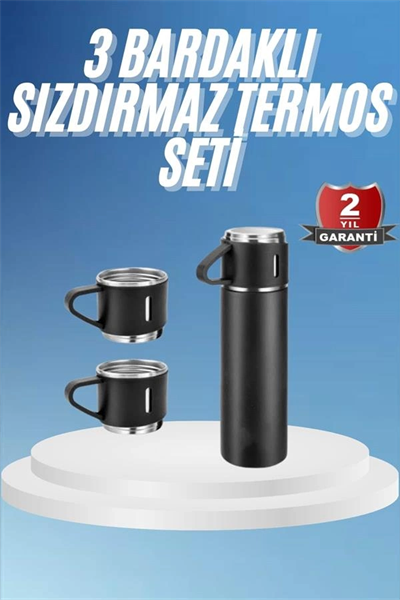 Termos Paslanmaz Çelik Termos Siyah Renk 3 Bardaklı Termos Seti