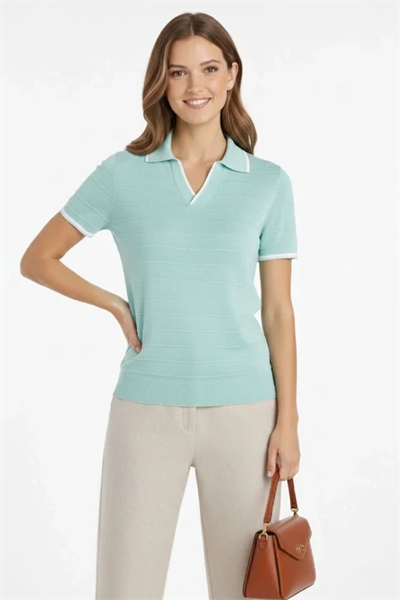 Triko Kumaş Yakalı Düğmesiz Açık Yaka Fitilli Kısa Kollu Regular Fit Tişört T-shirt - Mint Yeşili