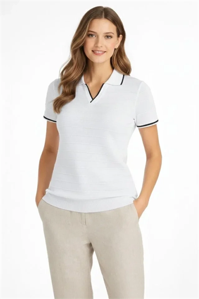 Triko Kumaş Yakalı Düğmesiz Açık Yaka Fitilli Kısa Kollu Regular Fit Tişört T-shirt - Beyaz