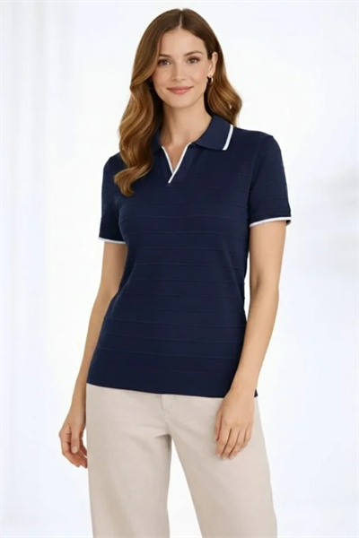 Triko Kumaş Yakalı Düğmesiz Açık Yaka Fitilli Kısa Kollu Regular Fit Tişört T-shirt - Lacivert