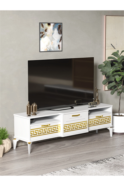 Tv Sehpası Tv Ünitesi 160 Cm Gold Beyaz Mistral 5072