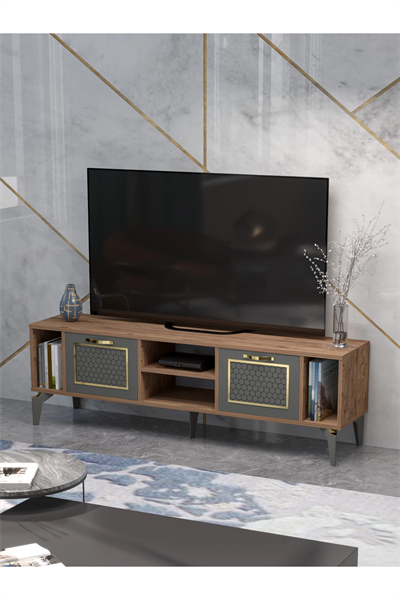 Tv Sehpası Tv Ünitesi Atlantik Çam Antrasit Gold 160 Cm Linya 5040