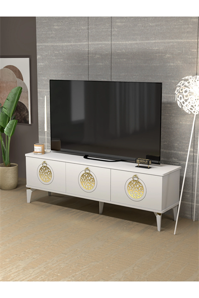 Tv Sehpası Tv Ünitesi Saraylı Beyaz Gold 5062