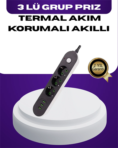 USB Yuvalı Anahtarlı Üçlü Priz 2 Metre Kablolu
