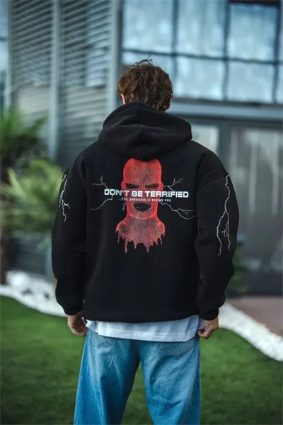 Üç İplik Kapüşonlu Baskılı Oversize SweatShirt- Siyah