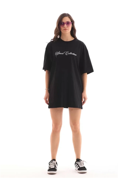Unisex Bisiklet Yaka Baskılı Oversize T-Shirt - Siyah