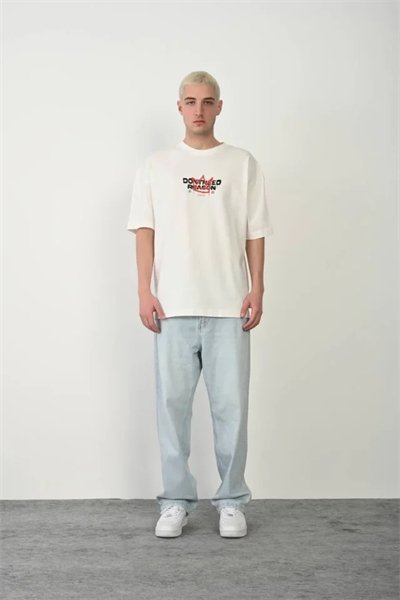 Unisex Bisiklet Yaka Baskılı Oversize T-Shirt - Beyaz