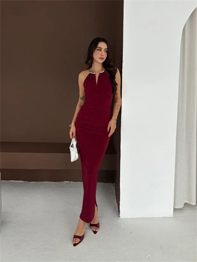 Uzun Abiye Elbise Yırtmaçlı Sırt Dekolteli Şık Gece Elbisesi - Bordo