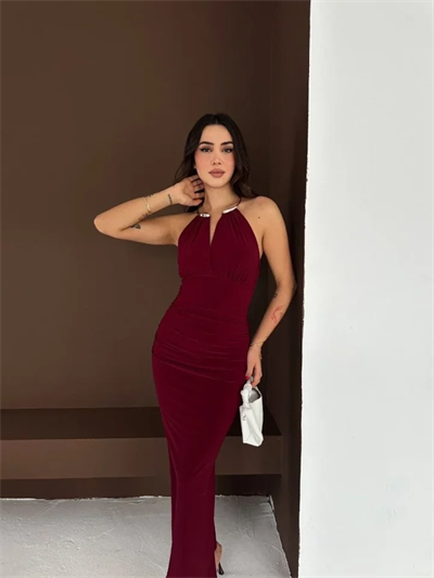 Uzun Abiye Elbise Yırtmaçlı Sırt Dekolteli Şık Gece Elbisesi - Bordo