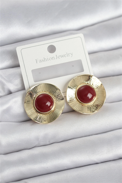 Vintage Model Bordo Gold Renk Pirinç Kadın Küpe