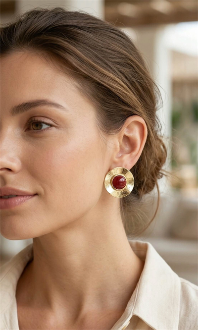 Vintage Model Bordo Gold Renk Pirinç Kadın Küpe