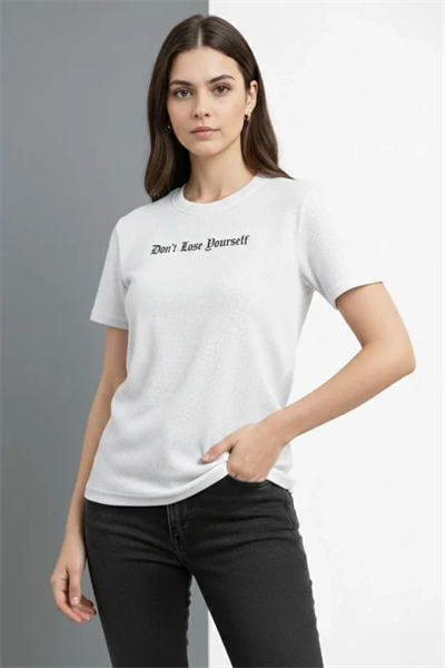 Wafıl Kumaş Tişört Regular Kalıp Bisiklet Yaka Baskılı Günlük Basic T-Shirt - Beyaz