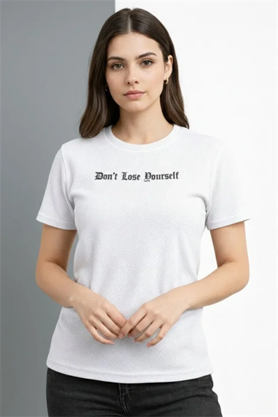 Wafıl Kumaş Tişört Regular Kalıp Bisiklet Yaka Baskılı Günlük Basic T-Shirt - Beyaz