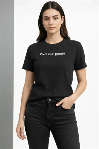 Wafıl Kumaş Tişört Regular Kalıp Bisiklet Yaka Baskılı Günlük Basic T-Shirt - Siyah