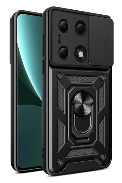 Xiaomi Poco M6 Pro 4G Kılıf Pars Lens Yüzüklü Silikon - Siyah