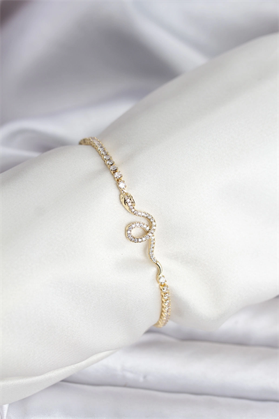 Yılan Model Zirkon Taşlı Gold Renk Pirinç Su Yolu Kadın Bileklik