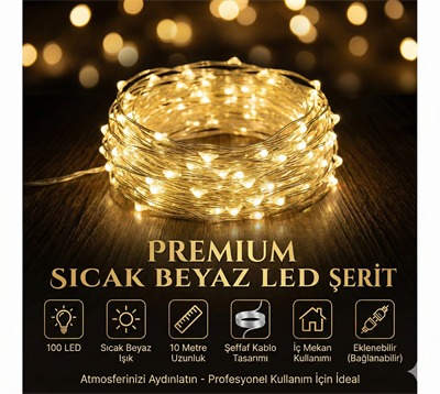 Yılbaşı Aydınlatması 100 LED Perde Hortum Sıcak Beyaz Işık - 10 Metre Dekoratif Şeffaf Kablolu Süs