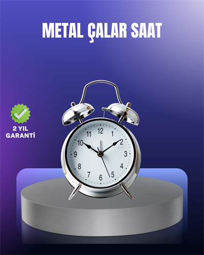Yuvarlak Gümüş Dekoratif Işıklı Masa Üstü Saat Alarmlı Sessiz Çalışma