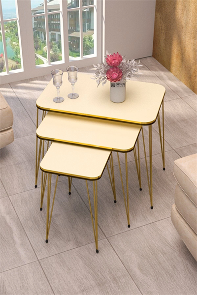 Zigon Sehpa Kr Ve Orta Sehpa Kr Set Çift Gold Krem Tel 1114