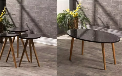 Zigon Sehpa Ve Orta Sehpa Set Ahşap Torna Elips Siyah Mermer Desen